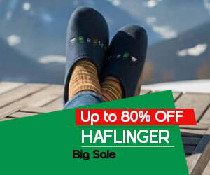  Graphic, person relaxing outdoors with feet up in blue HAFLINGER slippers and striped socks against snowy mountain view, text, HAFLINGER Slippers & Boiled Wool Clogs: SOFT. WARM. UNMISSABLE UP TO 70% OFF