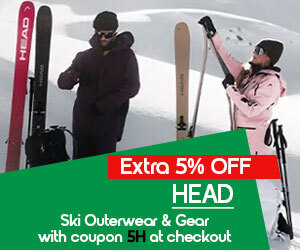 Graphic, two skiers on snowy slope with gear, text, HEAD ski outerwear and gear extra 5% off with coupon 5H