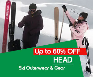 Graphic, two skiers on snowy slope with gear, text, HEAD ski outerwear and gear are up to 60% OFF