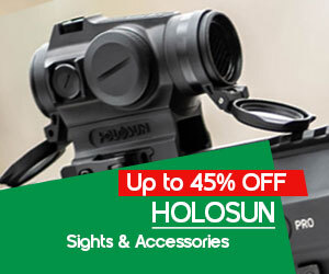 graphic, Holosun red dot sight and accessories on a tactical background, text, HOLOSUN Sights & Accessories at up to 38% OFF