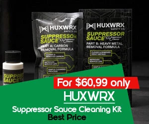 graphic, two black packets and a small bottle of HUXWRX Suppressor Sauce cleaner against a dark background, text, Shop HUXWRX Suppressor Sauce Cleaning Kit for $60.99 only - save 6%!