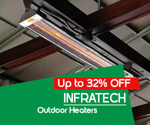 Graphic, ceiling-mounted infrared heater glowing orange, text, Infratech outdoor heaters up to 32% off