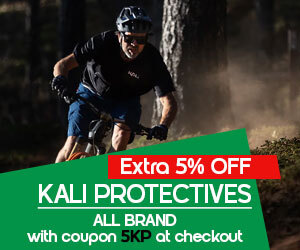 graphic, cyclist riding in full Kali Protectives gear, text, KALI PROTECTIVES ALL BRAND - 5% OFF with code 5KP at checkout