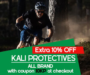 graphic, cyclist riding in full Kali Protectives gear, text, KALI PROTECTIVES ALL BRAND - 10% OFF with code 10KP at checkout