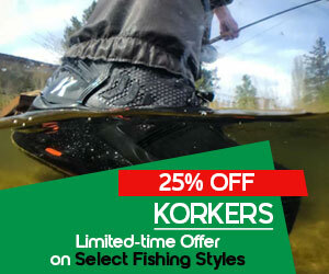 Graphic, close‑up of waterproof boot partially submerged while person stands in water fishing, text,  May 15-25 Only KORKERS Fishing Styles are 20% OFF