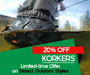 Graphic, close‑up of waterproof boot partially submerged while person stands in water fishing, text,  KORKERS Outdoor Styles 20% OFF June 11-21 Only