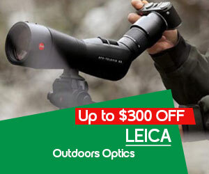 Graphic, person adjusting Leica spotting scope on tripod, text, LEICA Optics is $300 OFF now