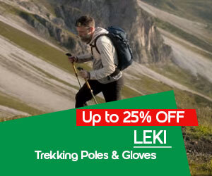 Graphic, person hiking on mountain slope with LEKI trekking poles and backpack, text, Save up to 50% on LEKI Premium Outdoor Poles & Gloves