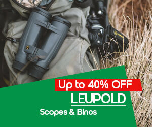 graphic, Leupold binoculars hanging at the side of a person in outdoor gear, text, Save up to 34% OFF on LEUPOLD Scopes & Binos. Shop now and sharpen your view!
