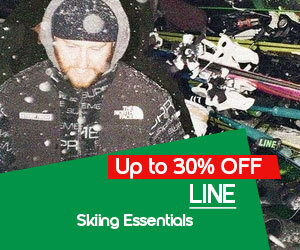 Graphic, skier in branded winter gear with skis, text, LINE skiing essentials up to 30% off
