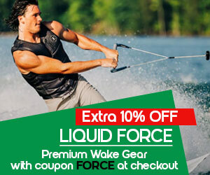 graphic, person wakeboarding on lake with trees in background, text,    LIQUID FORCE Premium Wake Gear 10% OFF with code FORCE at checkout