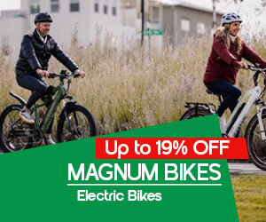 graphic, two people riding Magnum electric bikes outdoors, text, MAGNUM BIKES Electric Bikes now up to 18% OFF