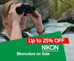 Graphic, person holding binoculars overlooking river and rocky landscape, text, Score up to 25% OFF on NIKON Binoculars