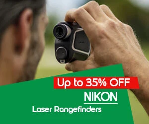 Graphic, outdoor scene with person aiming Nikon laser rangefinder, text, Score up to 35% OFF on NIKON Laser Rangefinders – Precision meets savings