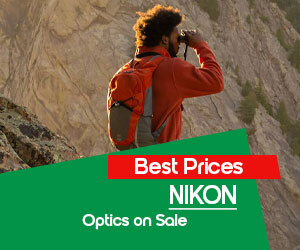 graphic, outdoor hiker with orange backpack using binoculars in mountain terrain, text, NIKON Optics on Sale