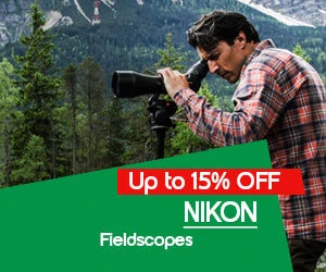 Graphic, person using Nikon fieldscope in forested mountain area, text, Score up to 15% OFF on NIKON Fieldscopes – Precision meets savings