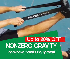 Graphic, person using resistance bands on blue surface, text, NONZERO GRAVITY sports equipment up to 20% off