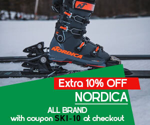 Graphic, Nordica ski boot in binding on snow, text, NORDICA Adult & Youth Skis & Boots 10% OFF with code SKI-10 at checkout