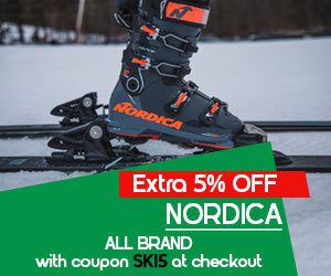 Graphic, Nordica ski boot in binding on snow, text, NORDICA all brand extra 5% off with coupon SKI5