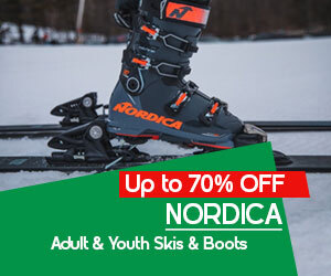 Graphic, Nordica ski boot in binding on snow, text, NORDICA Adult & Youth Skis & Boots are up to 70% OFF