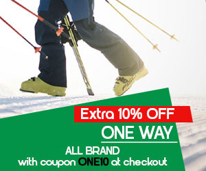 Graphic, skier in motion with yellow boots on snowy slope, text, ONE WAY Alpine & Nordic Poles 10% OFF with code ONE10 at checkout – elevate your performance!