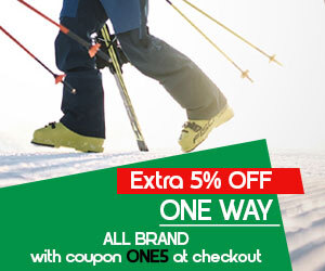 Graphic, skier in motion with yellow boots on snowy slope, text, ONE WAY all brand extra 5% off with coupon ONE5