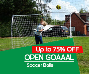 graphic, child playing soccer inside an Open Goaaal net setup, text,  Open Goaaal Soccer Balls on Sale