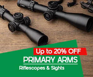 graphic, Primary Arms riflescopes laid out on a tabletop surface, text, PRIMARY ARMS Riflescopes & Sights are up to 17% OFF