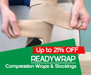graphic, leg being wrapped with ReadyWrap compression bandages, text, Save Up to 21% on READYWRAP Compression Wraps & Stockings