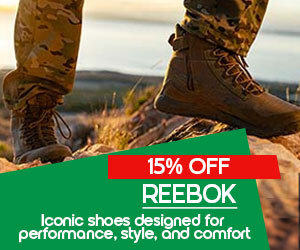 Graphic, close‑up of Reebok boots on rugged outdoor surface with scenic background, text, Reebok Sale — Discover 15% OFF on iconic athletic shoes designed for performance, style, and comfort & Elevate Your Everyday