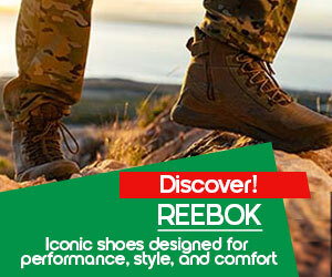 Graphic, close‑up of Reebok boots on rugged outdoor surface with scenic background, text, Reebok has landed — Discover iconic athletic shoes designed for performance, style, and comfort & Elevate Your Everyday
