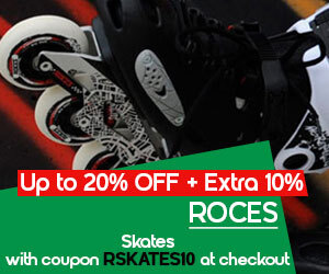 graphic, black skates in motion, text,  Save up to 20% + extra 10% on ROCES Skates with code RSKATES10 at checkout