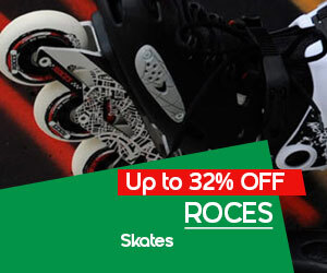 graphic, black skates in motion, text,  Save up to 32% on ROCES Skates 