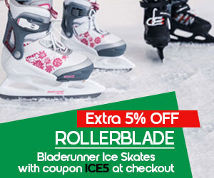 Graphic, close-up of Bladerunner ice skates on ice, text, Shop the ROLLERBLADE Bladerunner Ice Skates with 5% OFF now using code ICE5 at checkout