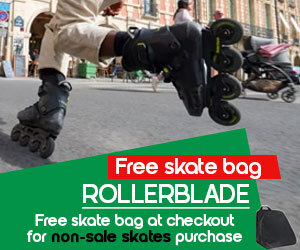 graphic, close-up of a person skating in Rollerblade skates, text, Roll into Savings! Free Bag with Every Pair of non-sale new Rollerblades!