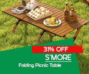 Graphic, wooden folding picnic table with food and drinks on grassy lawn, text, S’more Folding Picnic Table 31% off