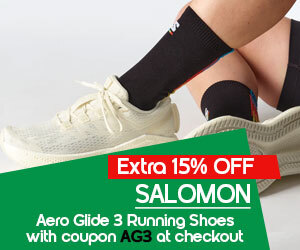 graphic, close-up of SALOMON Aero Glide 3 Running Shoes, text, Experience the SALOMON Aero Glide 3 with a limited-time 15% off at checkout using code AG3