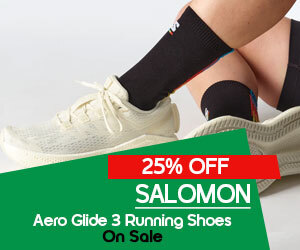 graphic, performance running shoes Salomon Aero Glide 3 on feet, text, Get 25% OFF Salomon Aero Glide 3 Running Shoes till April 24