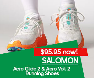 graphic, close-up of SALOMON Aero Glide 2 Running Shoes, text, SALOMON  Aero Glide 2 & Aero Volt 2 Shoes  $95.95 now
