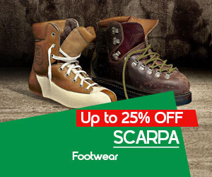 Graphic, two hiking boots on wooden surface, text, Gear up for less with SCARPA Footwear Up to 25% OFF now