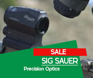 Graphic, close-up of SIG SAUER optic mounted on firearm, text,  SIG SAUER Precision Optics on Sale