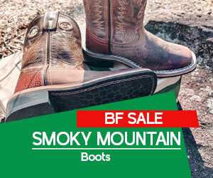 Graphic, SMOKY MOUNTAIN cowboy boots on stone with dry leaves, text, SMOKY MOUNTAIN BOOTS on Sale - limited offer