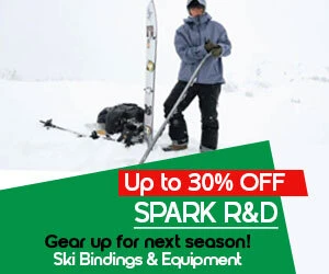 Graphic, skier outdoors with equipment laid on snow, text, Save up to 30% OFF on SPARK R&D Ski Bindings & Equipment. Gear up for next season at unbeatable prices!