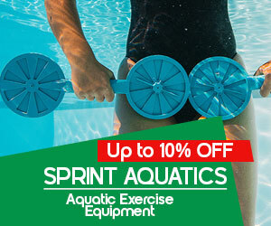 Graphic, person in pool holding blue aquatic Fitness Paddles, text, SPRINT AQUATICS: Aquatic Exercise Equipment up to 10% off