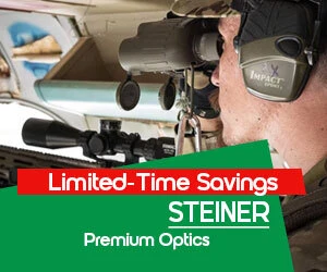 Graphic, outdoor scene with person in camo gear viewing through mounted optics, text, Shop STEINER Optics & Accessories now and save up