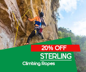 Graphic, climber ascending rugged rock wall with bright yellow STERLING rope, text, Save up to 20% on STERLING Climbing Ropes