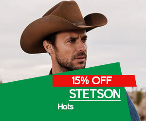 graphic, man wearing a classic Stetson hat in an outdoor setting, text, Top off your look with 15% OFF STETSON Hats