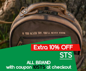 Graphic, close‑up of leather pack outdoors with engraved text, text, STS ALL BRAND - 10% OFF with code 10STS at checkout