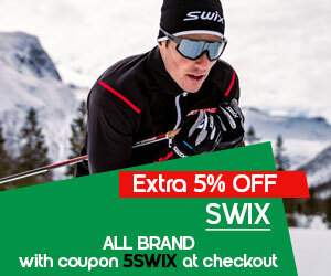 graphic, skier in motion wearing SWIX gear, text, SWIX ALL BRAND - 5% OFF with code 5SWIX at checkout