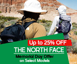 Graphic, two people trekking through rugged canyon landscape wearing outdoor gear, text, The North Face Memorial Day offer: enjoy up to 25% off select models